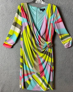 Tahari Womens Dress 14P Abstract Print Bright Multicolor Pleats Shoulders Waist - Picture 1 of 20
