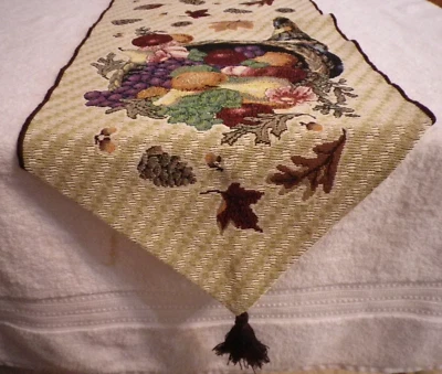 Tapestry Table Runner Nature's Harvest Cornucopia Dinner Table 72”X 13” tassels - Image 1 of 4