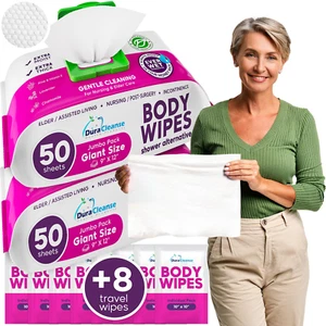 Toallitas de baño XL para adultos baño sin enjuague (2 paquetes) - 100 quilates + 8 toallitas corporales de viaje - Imagen 1 de 12