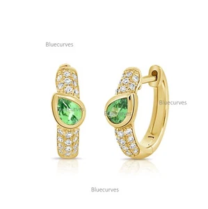 Pear Cut Peridot Gemstone &Pave Natural Diamond Hoop Earrings in 14k Yellow Gold - Picture 1 of 5
