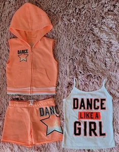 Justice "Dance Like A Girl" 3 Piece Tangerine Short, Tank, And Hoodie Set Size 6 - Picture 1 of 12