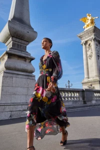 Ungaro Gretchen Polychiffon Floral Long Sheer Sleeve Ruffle Maxi Dress sz L $795 - Picture 1 of 20