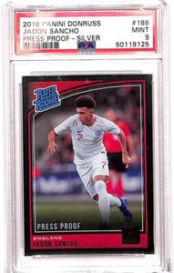 2018 Donruss #189 Jadon Sancho Holo Green and Yellow Laser PSA 9 Mint