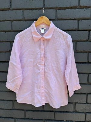 VTG Old Navy Shirt Wms L Dusty Rose 3/4 Sleeve Button Up 100% Linen Beach Eyelet - Image 1 of 4