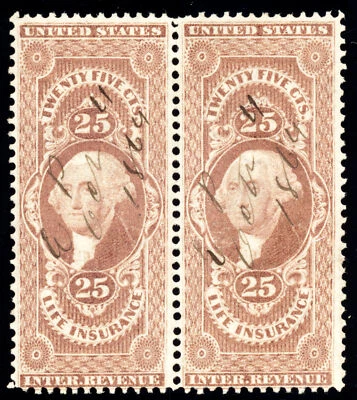 US R47c 25c 1862 Life Insurance VG-F manuscript cancel horizontal pair - Image 1 of 2
