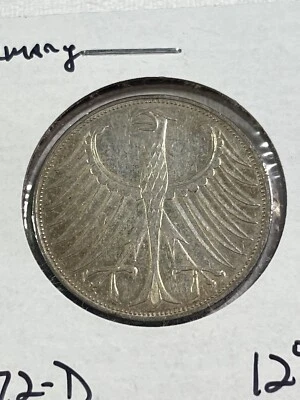 Moneda de plata de 5 marcos Alemania 1972-D Foto 1 de 4