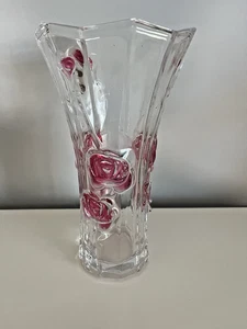 Vintage Embossed Glass Vase 11” Pink Roses Floral Heavy Thick Clear Elegant - Picture 1 of 5