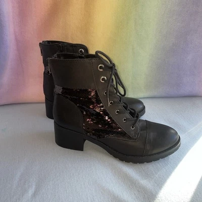 Sugar Black Sequin Combat Style Boots Size 8.5 Heel Zipper Tie Klondike LN - Image 1 of 4