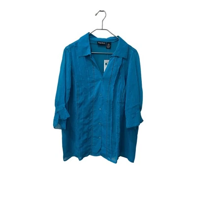 Maggie Barnes Teal Blue Textured Crinkle Button Shirt tank Top Size 0X NEW - Image 1 of 4