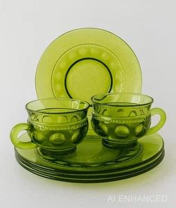 Indiana Glass Thumbprint Snack Set Olive Green Plates & Cups – Set of 6 Pieces - Foto 1 di 20