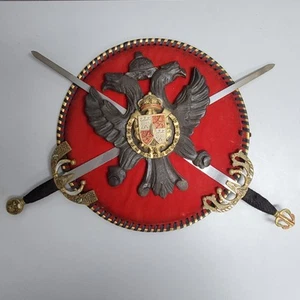 Vintage Coat Of Arms Wall Plaque Decor Red Suede Double Sword Eagle Shield 12" - Picture 1 of 9