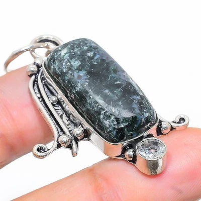 Ciondolo in argento sterling 925 con pietra preziosa muschio indiano, pietra ... - Immagine 1 di 4