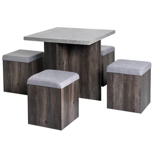 Grey Wood Grain 5PCS Dining Set, Particle Board, Storage Ottomans 78x78x76cm 4x - Picture 1 of 14
