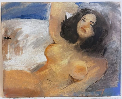 French Realism Boudoir Portrait Woman Oil And Chalk Canvas 16x20 Original Signed - Image 1 of 3