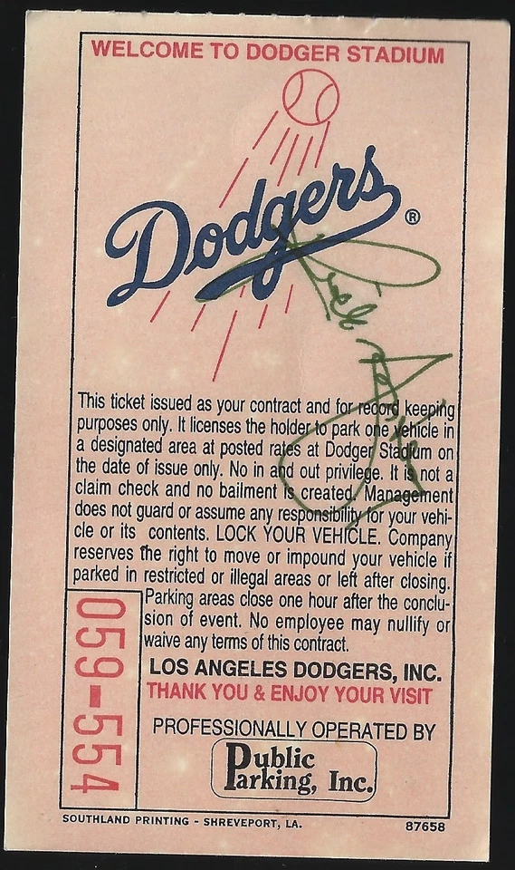 Rick Monday Los Angeles Dodgers Centerfielder Autographed Parking Lot Ticket - Image 1 of 1