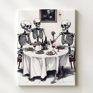 Minimalist Skeleton Dinner Canvas Ink Sketch Halloween Wall Art - Picture 1 of 7