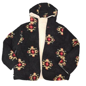 Love Tree The Soft Life Reversible Sherpa Jacket Womens Medium Black Cream Boho - Picture 1 of 11