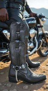 Damen Herren Western schwarz Schuhriemen Rose Blume Rocker Stiefel Paar Kette Accessoire - Bild 1 von 24