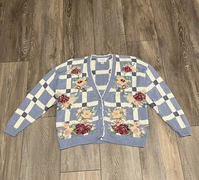 VTG Large Casual Corner Cardigan Sweater Checker Floral Knit Artsy Cottagecore - Image 1 of 4