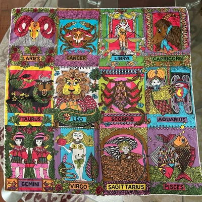 Vintage 60's Glentex Psychedelic Hand Rolled Silk Scarf Zodiac Signs Japan - Image 1 of 4