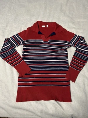Polo tejido vintage años 70 Bellini rojo a rayas multicolor Preppy Rockabilly B24 Foto 1 de 4