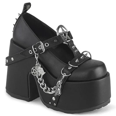 Black Wedge Chunky Platform Goth Mary Janes Chains Witch Core Demonia Shoes - Image 1 of 3