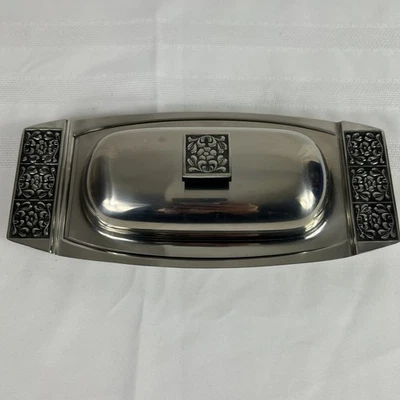 Plato de mantequilla de terciopelo de acero inoxidable vintage Stanley Roberts con inserto de vidrio MCM Foto 1 de 4