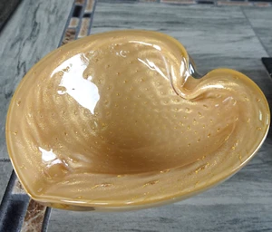 Cuenco biomórfico bullicante hoja de oro vidrio artístico de Murano Barbini de los años 50 chocolate - Imagen 1 de 18