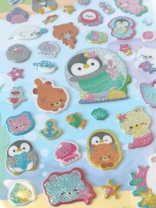 Kawaii Puffy Sticker Sheet Glitter Penguin Sea Otter Animal Cute Pretty Japan - Picture 1 of 9