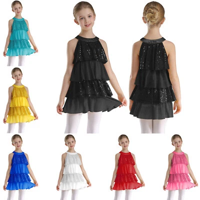 Kids Girls Sequins Performance Ruffled Disco Dress Gymnastic Jazz Tutu Dance - Image 1 of 4