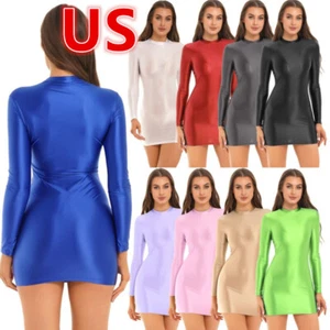 Womens Sexy Mock Neck Mini Party Dresses Shinny Oil Solid Color Micro Dress - Picture 1 of 87