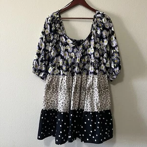 Asos Design Mixed Print Floral Animal Tiered Babydoll Mini Dress SZ 44 US 12 - Picture 1 of 6