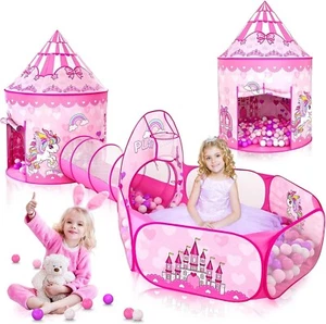 3 PCS Princess Tent for Girls with Kids Ball Pit and Crawl Tunnel for Toddlers - Picture 1 of 6