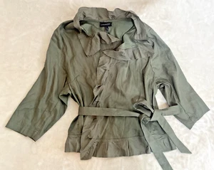 Lane Bryant Women's Linen Blouse Sz 24 Wrap Shirt Ruffled V-Neck Olive Green - Picture 1 of 8