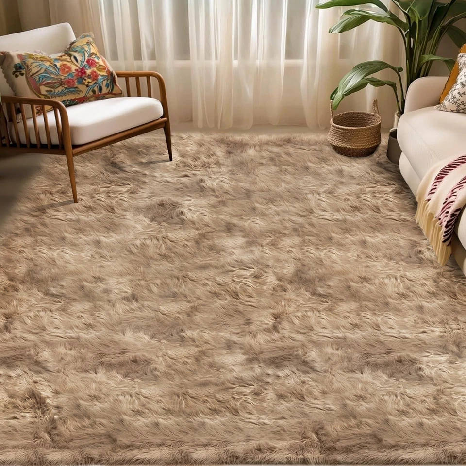 Brown Fluffy Area Rug Fuzzy Furry Faux Fur Sheepskin Rug for Living Room Bedroom - Image 1 of 4