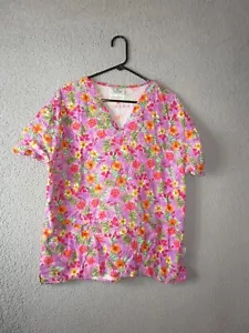 Crest Cotton's Scrub Shirt Pink Flowers Nurse Doctor Medium Cotton - Picture 1 of 3