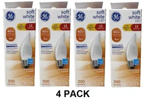GE LED Soft White 40 Watt Frosted Light Bulbs Medium Base Flame Tip (4 PACK) NEW - Picture 1 of 4