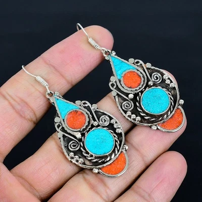 Orecchino vintage tibetano in argento sterling 925 fatto a mano corallo... - Immagine 1 di 4