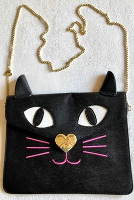 Y2K BETSEY JOHNSON GATO NEGRO IMITACIÓN CUERO ~ BOLSO BANDOLERA/EMBRA DE MANO KITCHI NARIZ DORADA Foto 1 de 4