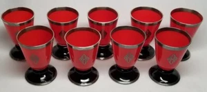 Set of 9 Tango Red/Black Czech Art Deco Glass Tumblers W/ Sterling Overlay - Picture 1 of 11