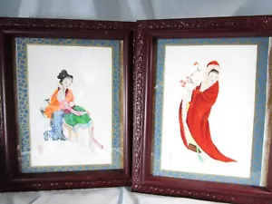Vintage japanisches geschichtetes Papier Schneiden Kunst gerahmt Paar orientalische Frauen - Bild 1 von 6
