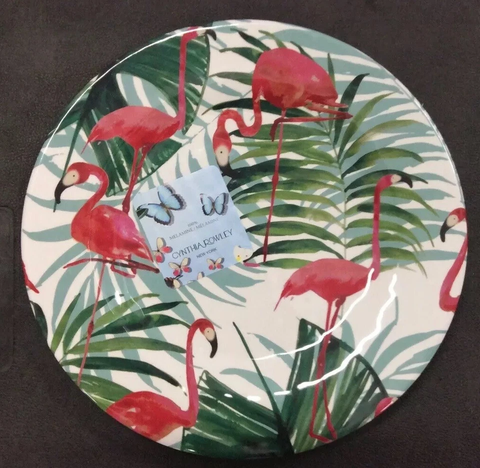 Cynthia Rowley Flamingos Green Tropical Palm Leaves MELAMINE Dinner Plates Set 4 - Image 1 of 1
