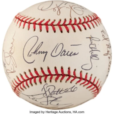 TEXAS RANGERS TEAM-SIGNED BALL PUDGE RODRIGUEZ ELSTER CLARK STEVENS + JSA LOA - Image 1 of 4