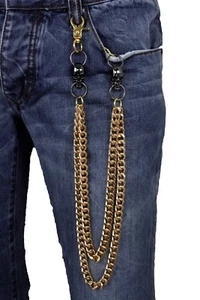 Men Gold Metal Wallet Chains KeyChain Biker Jeans Rocker 2 Strands Black Skulls - Picture 1 of 12