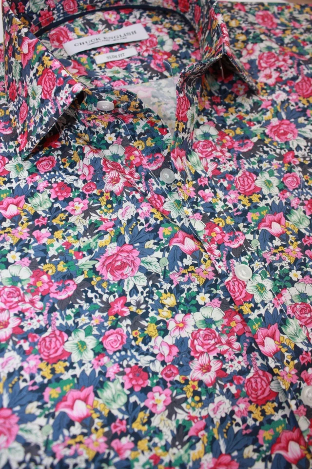 Camisa de algodón floral con botones de manga larga Chuck English para hombre - rosa y azul Foto 1 de 4