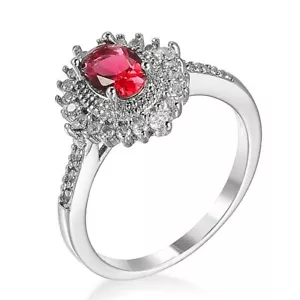 Anillo Rosa Rojo Corte Ovalado Flor AAA Cz Moda Mujer Plata 925 Joyería Talla 6-10 - Imagen 1 de 10