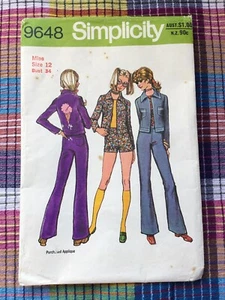 Simplicity Sewing Pattern 9648 Vintage 70s Jacket Jeans Pants Shorts Sz 12 Cut - Picture 1 of 7