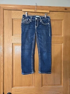 Jeans LA Idol donna Jr taglia 5 lavaggio scuro crop Capri elasticizzato bling tasche con patta - Foto 1 di 9