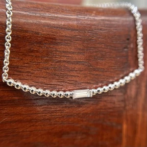 Modern Sidebar Beaded Ball Genuine Baguette Diamond Necklace 18k White Gold 17" - Picture 1 of 7