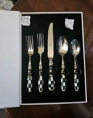 RARE MACKENZIE CHILDS COURTLY CHECK BLACK TIE CERAMIC 5 PC PLACESETTING FLATWARE
